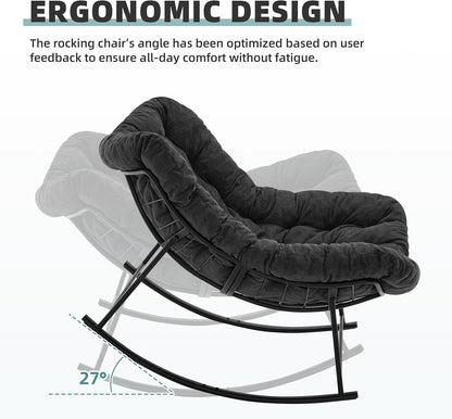 Oversized Rocking Chair Indoor, Papasan Rocking Chair Outdoor, Lounge Chair with Cushion, Patio Egg Rocker Chairs, Comfy Reading Chairs for Bedroom, Living Room, Garden, Lawn, Dark Grey
