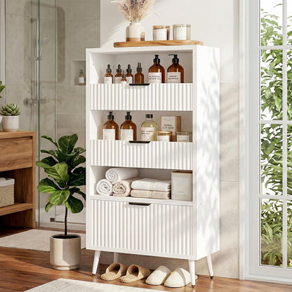 Bathroom Storage Cabinet, 51.2" H 5-Tier Freestanding Pantry Cabinet with 3 Extra-Large Drawers & Open Shelf, Fluted Floor Organizer Cupboard for Kitchen, Living Room, Anti-Tip, White