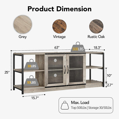 Amyove TV Stand for 65+ Inch TV, Industrial Entertainment Center TV Media Console Table, Farmhouse TV Stand with Storage, Mesh Door and Shelves, Gray TV Console Cabinet Furniture for Living Room
