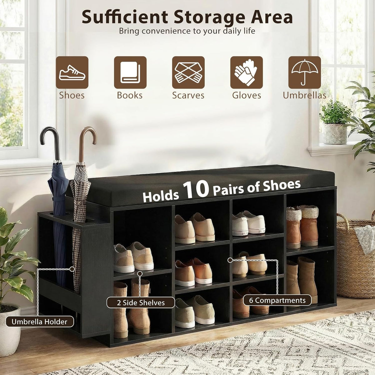 Tangkula Shoe Storage Bench with Umbrella Holder, 40" Shoe Organizer with Cushioned Seat, 10 Cubbies & Adjustable Shelves, Wooden Industrial Shoe Rack for Entryway, Living Room, Bedroom (Black)