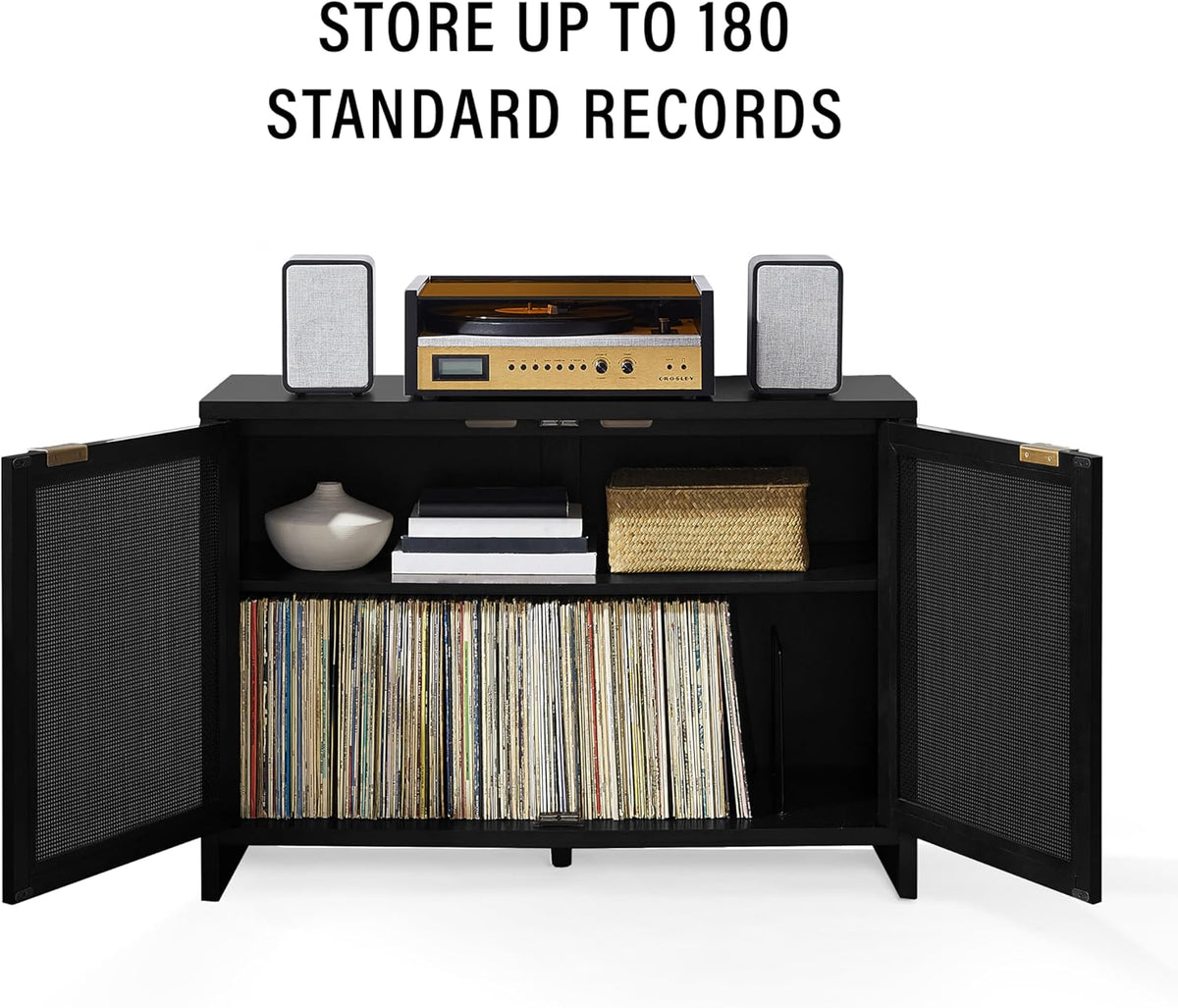 Crosley Furniture Kenji Media Console, Record Player Stand with Vinyl Storage, Modern Home Organizer, Black