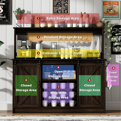 4ever2buy 55" Farmhouse Coffee Bar Cabinet with Storage & Wine Rack, Oak | Storage Hutch with Adjustable Shelves, Wine Rack and 8 Hooks for Living Room or Dining Room Storage