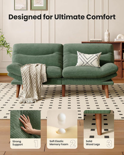 Amada 75" Convertible Futon Sofa Bed, Corduroy Folding Futon Set with Adjustable Backrest &Armrests, Recliner Lounge for Living Room, Apartment or Office, Solid Wood Frame, Loveseat Sofa -Forest Green