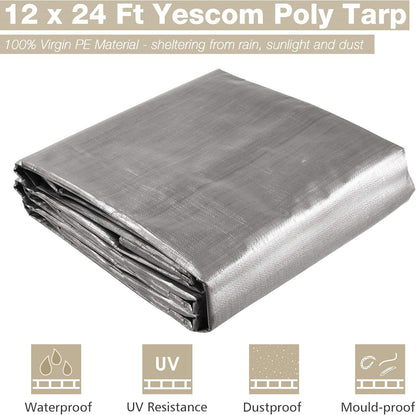 Yescom 12x24 Ft 14 Mil Heavy Duty Reinforced Poly Tarp Reversible Waterproof Tarpaulin Ground Sheet Cover Reversible Silver Black Tarps