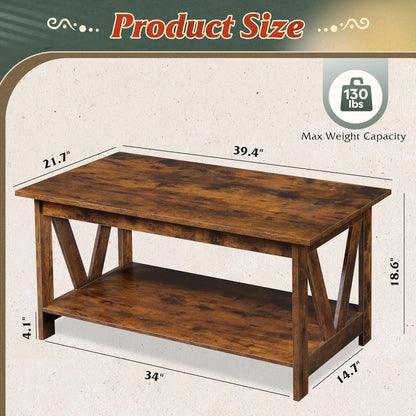 WLIVE 39.4" Farmhouse Coffee Table, Wood Center Table Storage Dark Brown