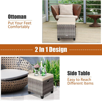 LDAILY Moccha 2 Pieces Patio Outdoor Ottoman, All Weather Rattan Patio Ottoman Set w/Removable Cushions, Footrest Seat Outdoor Footstool (Mix Grey + White)