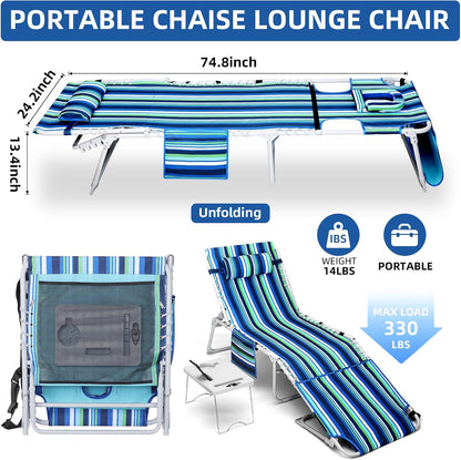 3-in-1 Beach Chair Face Holes, Lounge Chair Outdoor with Folding Side Table, 5-Position Recliner, Lay Flat, Removable Pillow, Heavy Duty, Max 330lbs, Poolside, Patio, Camping, Backyard Striped Blue