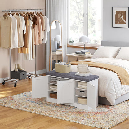 DINZI LVJ Shoe Bench, Entryway Storage Bench with Doors, Cushion, 3-Tier Shoe Rack with 9-Cubby, 39.4" L x 13.8" W Shoe Organizer Cabinet, Fully Adjustable Shelves, Living Room, Bedroom, White