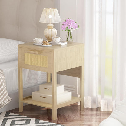 furlinkhm Rattan Nightstand, Boho Bedside Table, 23" Rattan Nightstand, End Table with Drawer, Wood Bedside Table Boho End Tables Side Tables with Storage Shelf, Suitable for Bedroom, Living Room