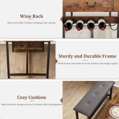 CABIHOME Dining Table Set for 4, Dining Room Table with Storage Drawers & Wine Rack, Kitchen Dining Table Set with Upholstered Benches for Dining Room-Retro Brown