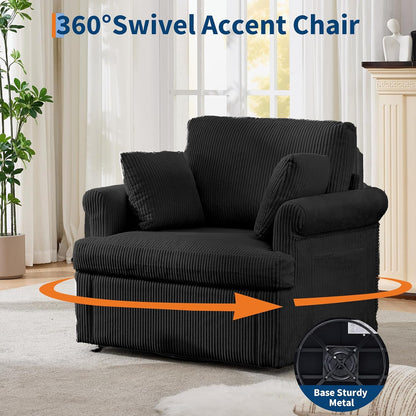 Garvee 39" Modern 360 °Swivel Accent Chair,Large Corduroy Accent Chairs with 2 Pillows,Comfy Upholstered Round Armchair Single Sofa for Living Room,Bedroom,Office,Reading,Black