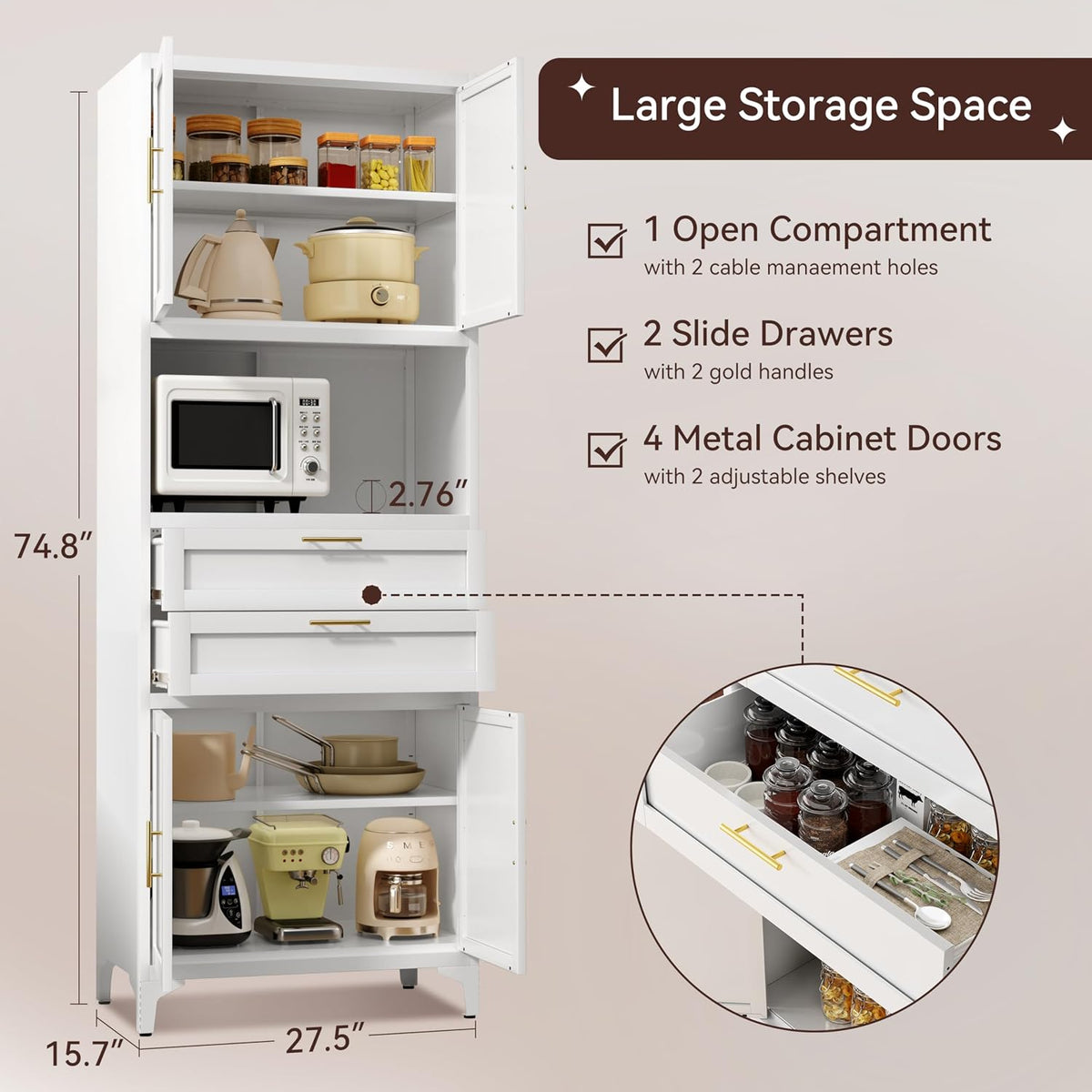 75” Tall Kitchen Pantry Storage Cabinet, Metal Bathroom Storage Cabinet with 2 Drawers and Adjustable Shelves, Kitchen Pantry Cupboard, Freestanding Cupboard for Bathroom, Living Room (White)