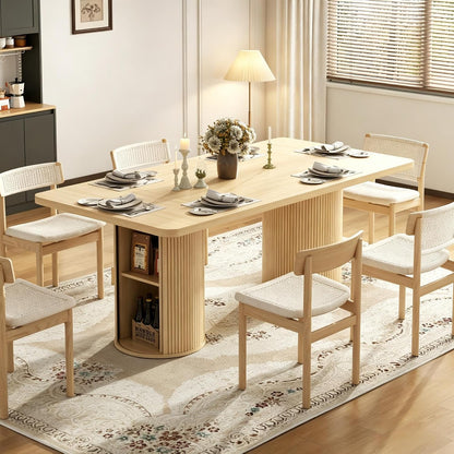 79" Rectangular Dining Table for 8-10, Wood Kitchen Table with 2-Layer Storage Shelf & Sturdy Base, Mid Century Modern Dinner Table with Wide Tabletop for Dining Room, Living Room