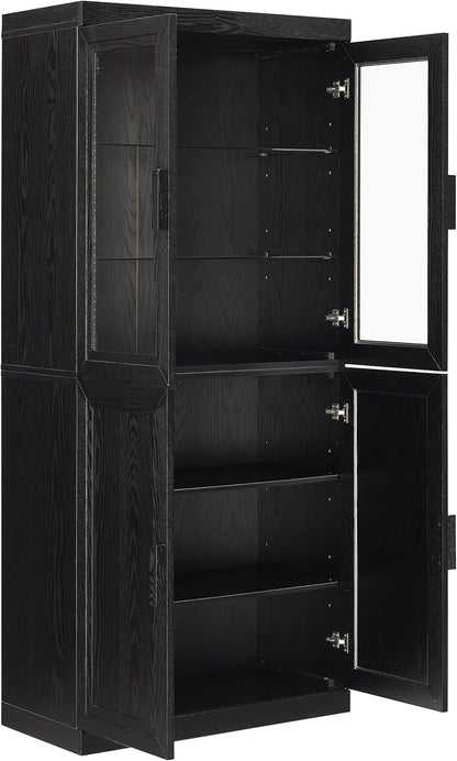 Crosley Furniture Essen Glass Door China Hutch Kitchen Pantry Storage Cabinet with Doors and Shelves, Black