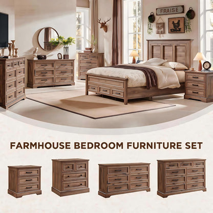 ACCOHOHO Farmhouse King Size Bed Frame with 53" Tall Headboard, Light Brown
