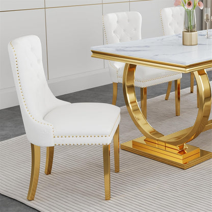 White Velvet Dining Chairs Set of 2, Mid Century Modern Kitchen & Dining Room Chairs, Fabric Tufted Dinning Chairs, Velvet Upholstered, Wing Back, Pull Ring, Stainless Steel Legs, Gold