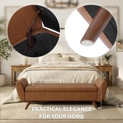 HomePop Modern Storage Bench with Wood Legs |Homepop Home Décor|Bench with Storage for Living Room & Bedroom - Cognac Brown Faux Leather