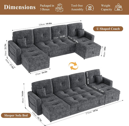 107'' LED U-Shaped Sectional Couch for Living Room, Sleeper Sofa Bed, Grey | Comfy Chenille Cloud Couch, Pull Out Bed, Storage Chaise, 5-level Adjustable Backrest, USB Charging, 2 Pillow,1100LB Capacity