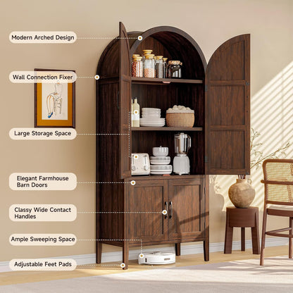ONBRILL 71" Tall Wooden Arched Cabinet, 5-Tier Arched Kitchen Pantry Cabinet with Doors & Shelves, Farmhouse Kitchen Arch Cabinets with Adjustable Feet, Wooden Pantry Storage for Dining Room(Brown)