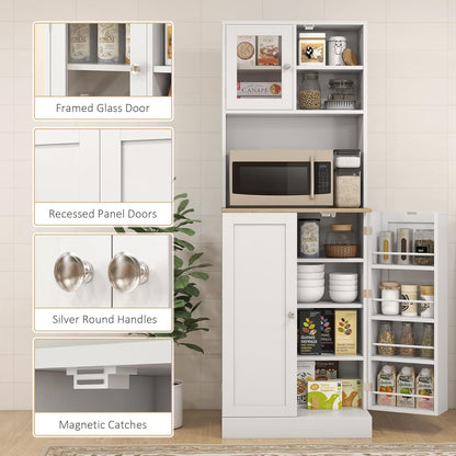 66.5" Pantry Cabinet with Microwave Stand,Freestanding Kitchen Storage Cabinet with Hutch,8 Door Shelves,Adjustable Shelves,for Dining Room,White
