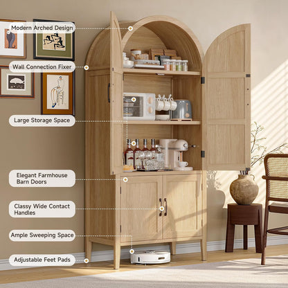 ONBRILL 71" Tall Wooden Arched Cabinet, 5-Tier Arched Kitchen Pantry Cabinet with Doors & Shelves, Farmhouse Kitchen Arch Cabinets with Adjustable Feet, Wooden Pantry Storage for Dining Room(Oak)