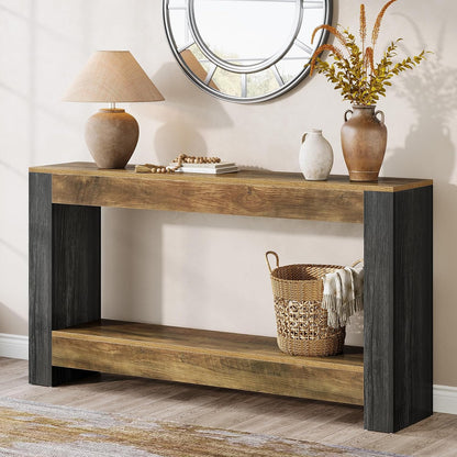 Tribesigns 63-Inch Long Console Table for Entryway, Farmhouse Wood Sofa Table Behind Couch for Living Room, Hallway, Entrance, Foyer, Rustic Brown & Black