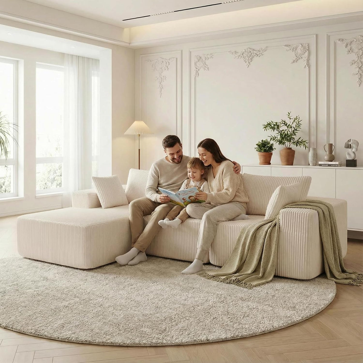 DUMOS 105" L-Shaped Sectional Couch, Left Facing Chaise | Upholstered Corduroy Sofa with 55.7'' Deep Seat for Living Room, Small Apartment, No Assembly in a Box, Beige