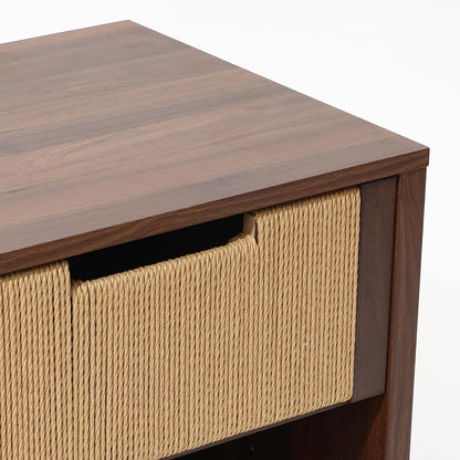 LuxenHome Nightstand with Drawer Storage, 19" Wood End Tables with Rope Front, Boho Bedside Table for Bedroom Living Room Small Sofa Couch Table for Small Space Home Office