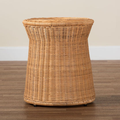 Bali & pari Caroline Round Natural Rattan End Table – Handwoven Wicker Drum Shape Accent Table for Living Room or Sunroom, Light Honey