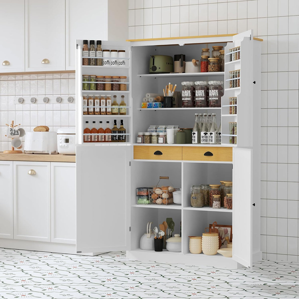 RUNNA 40.2x20x71.3inch High Freestanding Kitchen Pantry Large Cupboard Storage Cabinet with 2 Drawers, 2 Adjustable Shelves, 8 Door Shelves for Kitchen, Dining Room (White#046)