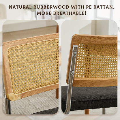 Rattan Dining Chairs Set of 4,Upholstered Mid-Century Modern Dining Room Chairs with Cane Backrest,Retro Linen Kitchen Chairs with Stainless Chrome Base,Black