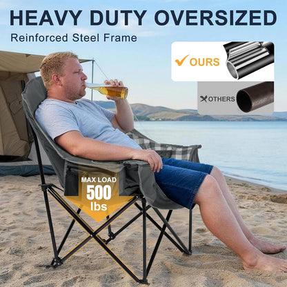 Oversized Camping Chair for Adults, 500 LBS Heavy Duty Folding Chair, Plaid | Big & Tall Adults, Padded Camping Chair, 600D Oxford Fabric, Cup Holder, Side Pocket, Lawn Chair, Beach, Fishing