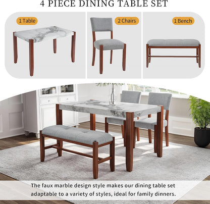 Merax 4 Piece Dining Table Set, Faux Marble Table and 2 Upholstered Chairs 1 Bench, 4 Person Dinette Set for Kitchen, Dining Room, Space-Saving, Gray