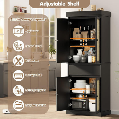 69'' Tall Pantry Cabinet with Rattan Doors, Slim Kitchen Cabinet for Narrow Spaces, Black Wood Storage Shelves with Drawer and Adjustable Shelves for Dining Room