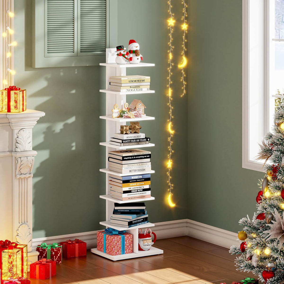 TUTOTAK Narrow Bookshelf, 8-Tier Bookcase, Spine Book Shelf for Small Space, Corner Standing Shelf for Living Room, Office, Study, Entryway, White BS06BW008