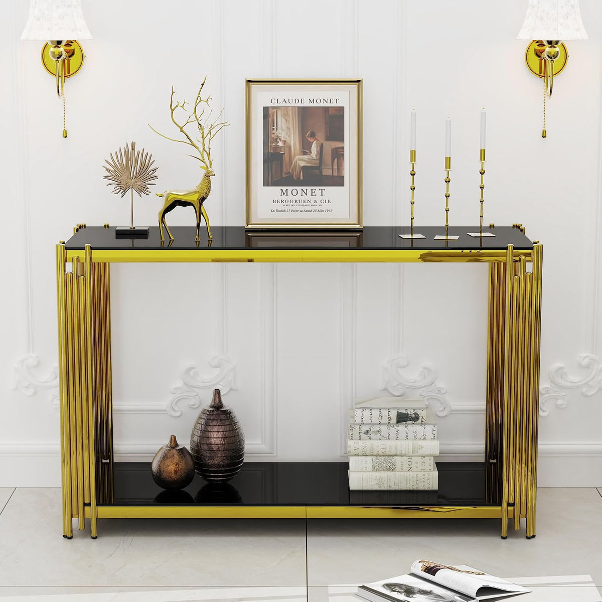 Gold Console Table with Tempered Glass for Entryway Living Room, Modern Luxury Stainless Steel Sofa Side Table Narrow Porch Hallway Tables (Black, 47inch)