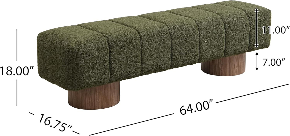 Merax 64" Upholstered Boucle Dining Bench Entryway End of Bed Ottoman Bench for Living Room Bedroom Dining Room, Wood Leg, Bear 300 LBS, No-Assembly (Green)