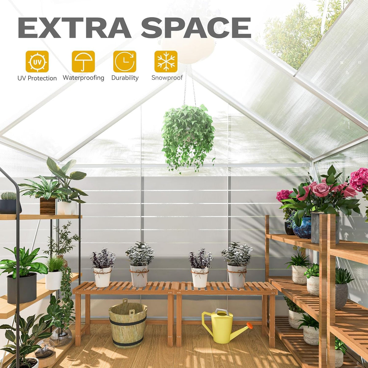 DWVO 6x6FT Polycarbonate Greenhouse for Outdoors, Large Heavy Duty Aluminum Greenhouses with Sliding Doors and Vent Window, Walk-in Greenhouse Large Sun House for Garden Backyard, Silver