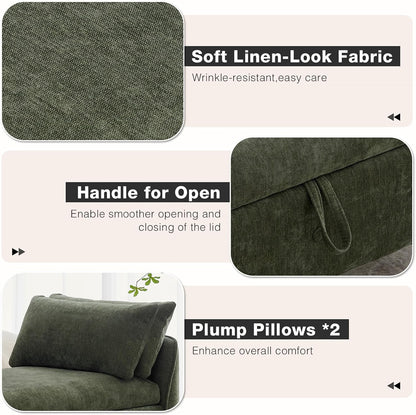 67"End of Bed Storage Bench King Size,Upholstered Bedroom Bench,Green | Linen Storage Bench for Bedroom End of Bed ,2 Cushion, Vintage Wood Legs ,Tufted,Storage Ottoman Bench for Entryway Window