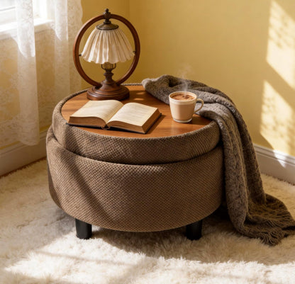 25'' Round Storage Ottoman with Reversible Tray Lid, Tufted Footrest Stool with Hidden Storage, Couch Side Table for Low Tea (Coffee)