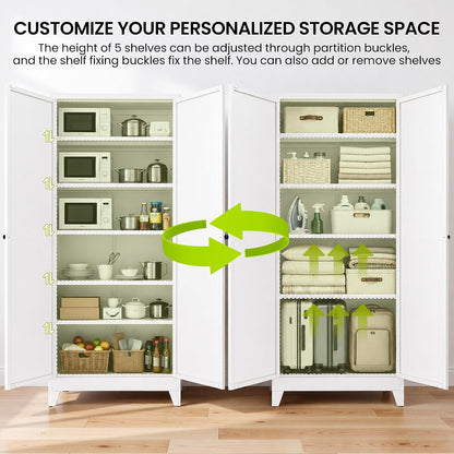 AQY 75" Pantry Cabinet, White Freestanding Storage Cabinet with 5 Adjustable Shelves, Metal Pantry Cupboard with Ventilation Design & Hanging Hooks, 2-Door Kitchen Organizer for Living Room Kitchen