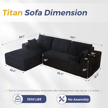 MAXYOYO 104" Modular Sectional Couch with L-Shape Chaise, Modern Couch for Living Room, Sofa in A Box, Oversized Sofa with Deep Seat, No Assembly Required, Black