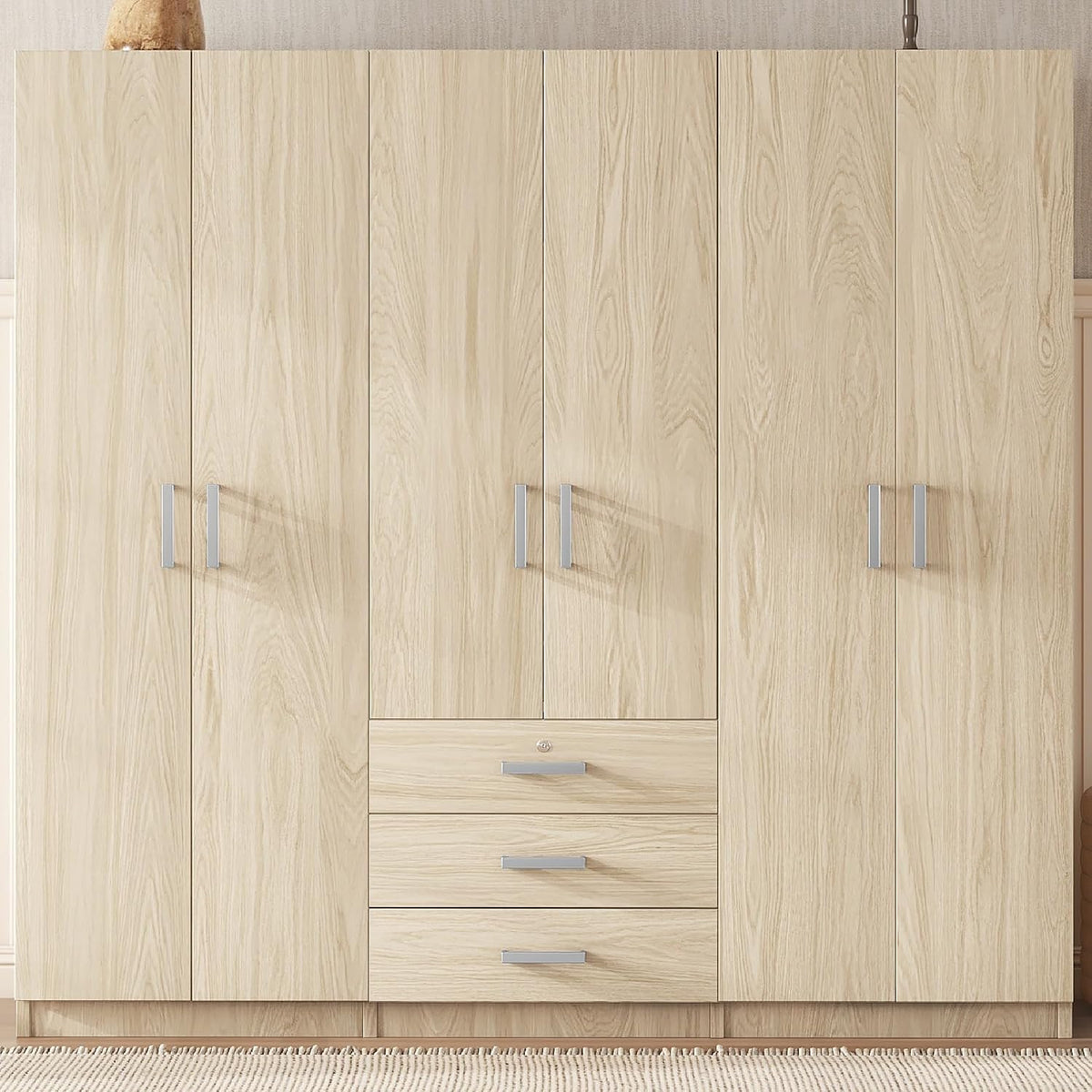 Merax Large 6 Doors Wooden Wardrobe, Bedroom Tall Armoire Closet Organizer with Big Drawers, Hanging Rails and Shelves, Clothes Storage Cabinet for Garage & Laundry Room, Natural