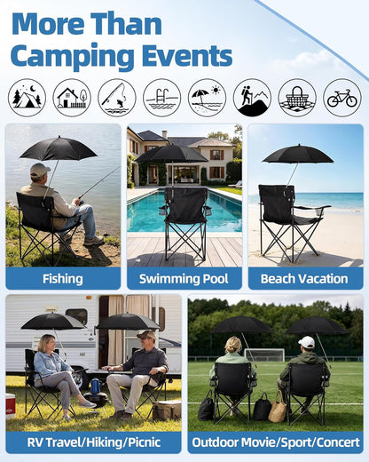 2PCS Camping Chairs with Detachable Umbrella, HaSteeL Folding Beach Chair for Adults, Large Portable Foldable Chair for Outdoors Fishing Hiking Travel Picnic Lawn, Supports 275lbs, Storage Bags, Black