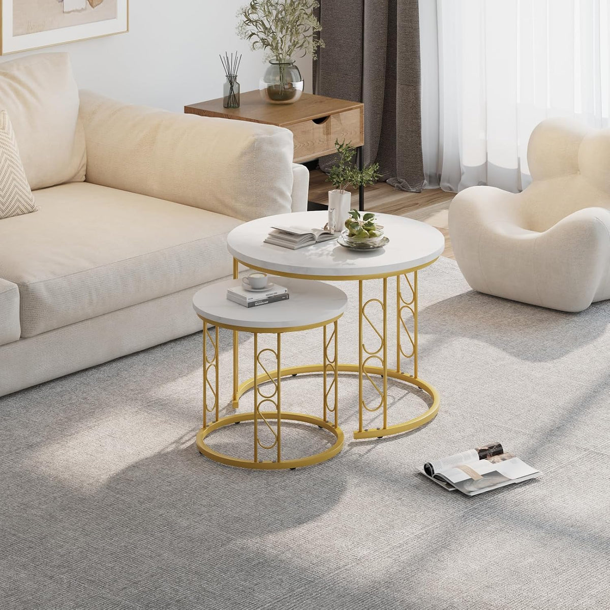 Garden 4 you Coffee Table Faux Marble Nesting Table for Small Place 2 Sets Modern Furniture Living Room Sets End Side Table Night Stand for Bed Room Dining Room (White & Gold)