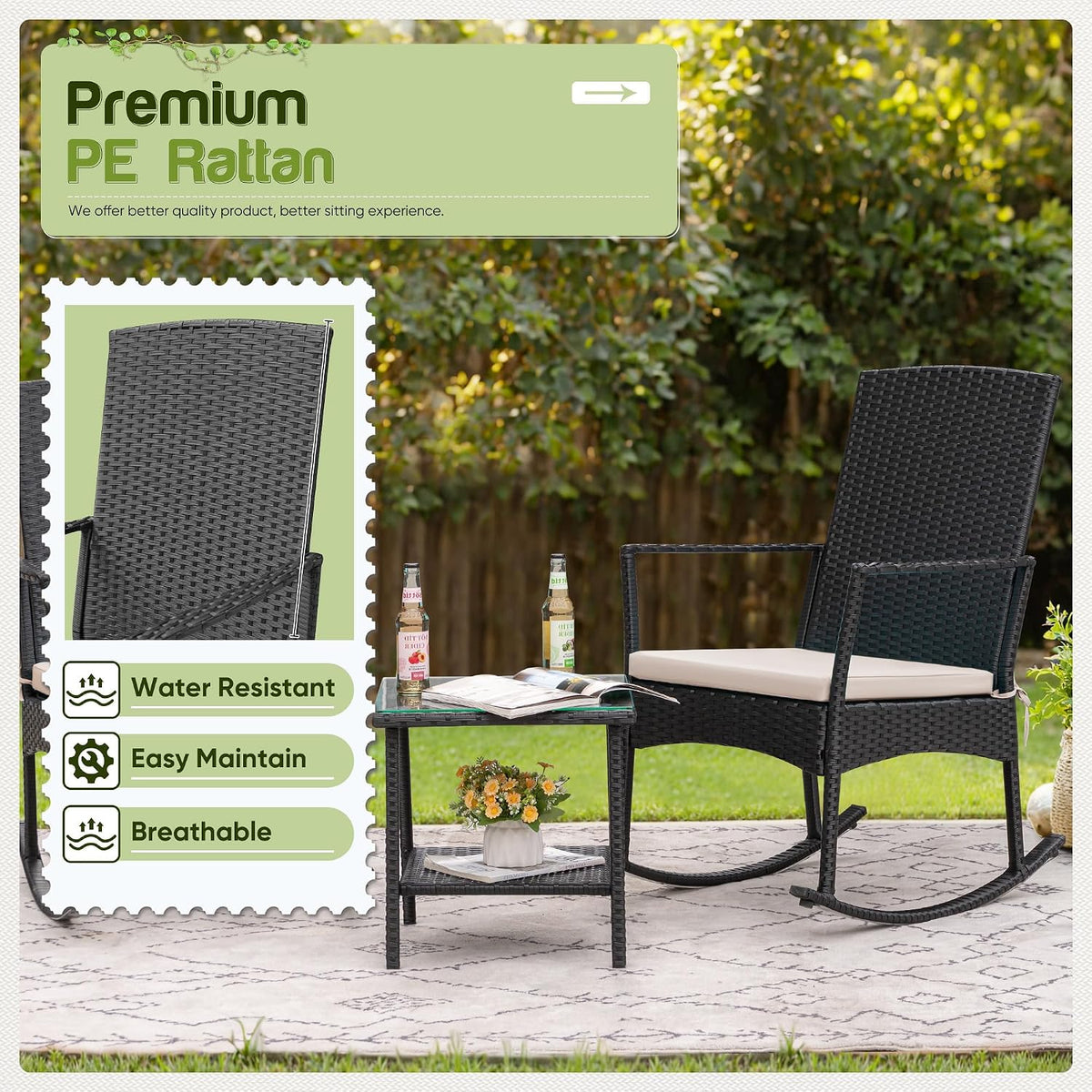 Flamaker Rocking Chair Outdoor PE Rattan Patio Chairs with Glass Table High Back Porch Rocker for Balcony, Garden, Backyard (Beige)