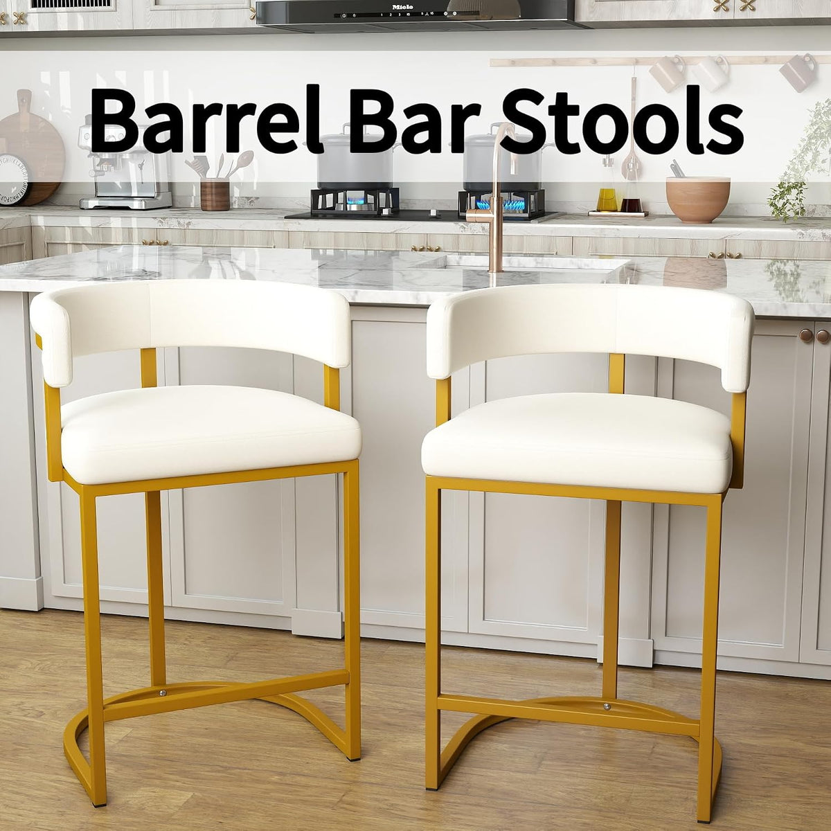 Modern Barrel Bar Stools Set of 3, 24" Velvet Counter Height Stools with Comfy Back and Arms, Sherpa Upholstered Kitchen Island Chair for Home Bar, Ivory