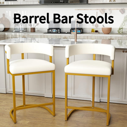 Modern Barrel Bar Stools Set of 3, 24" Velvet Counter Height Stools with Comfy Back and Arms, Sherpa Upholstered Kitchen Island Chair for Home Bar, Ivory
