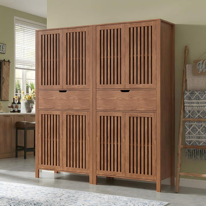 Set of 2 Pantry Cabinet, 69" Tall Freestanding Storage Cabinet with Louvered Doors and 4-Tier Adjustable Shelves, Modern Farmhouse Tall Cupboard with Large Drawers for Kitchen, Living Room, Brown