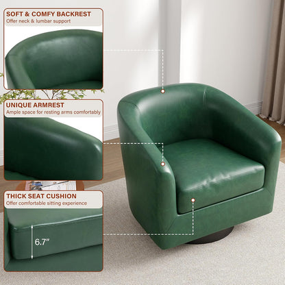 Lumibee Faux Leather Swivel Barrel Chairs Set of 2, Upholstered Comfy Round Swivel Accent Chair, 360° Rotation Single Sofa Club Armchair for Living Room, Reading Room, Bedroom, Green